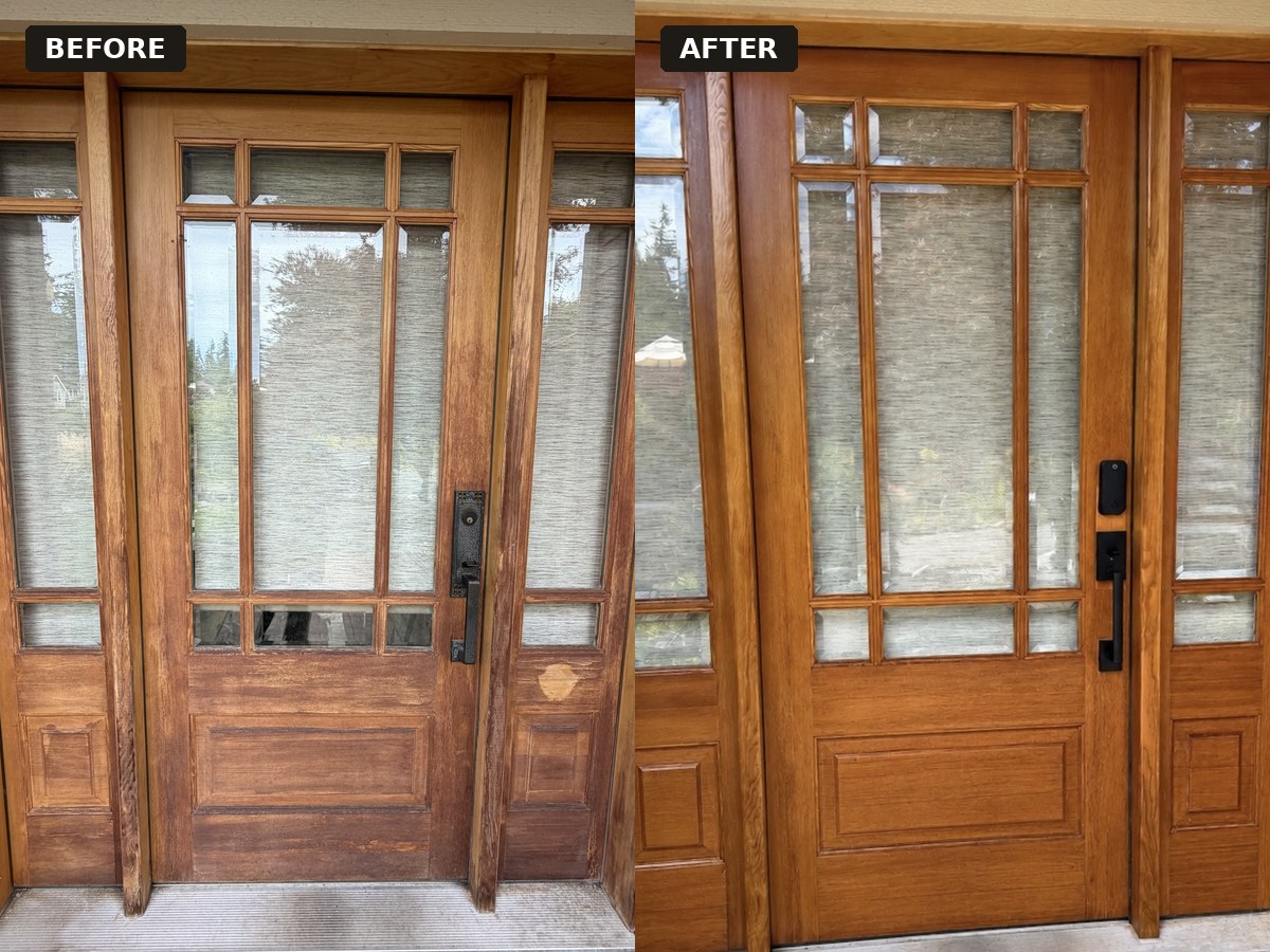 Before and after refinishing of a wood front door with sidelights