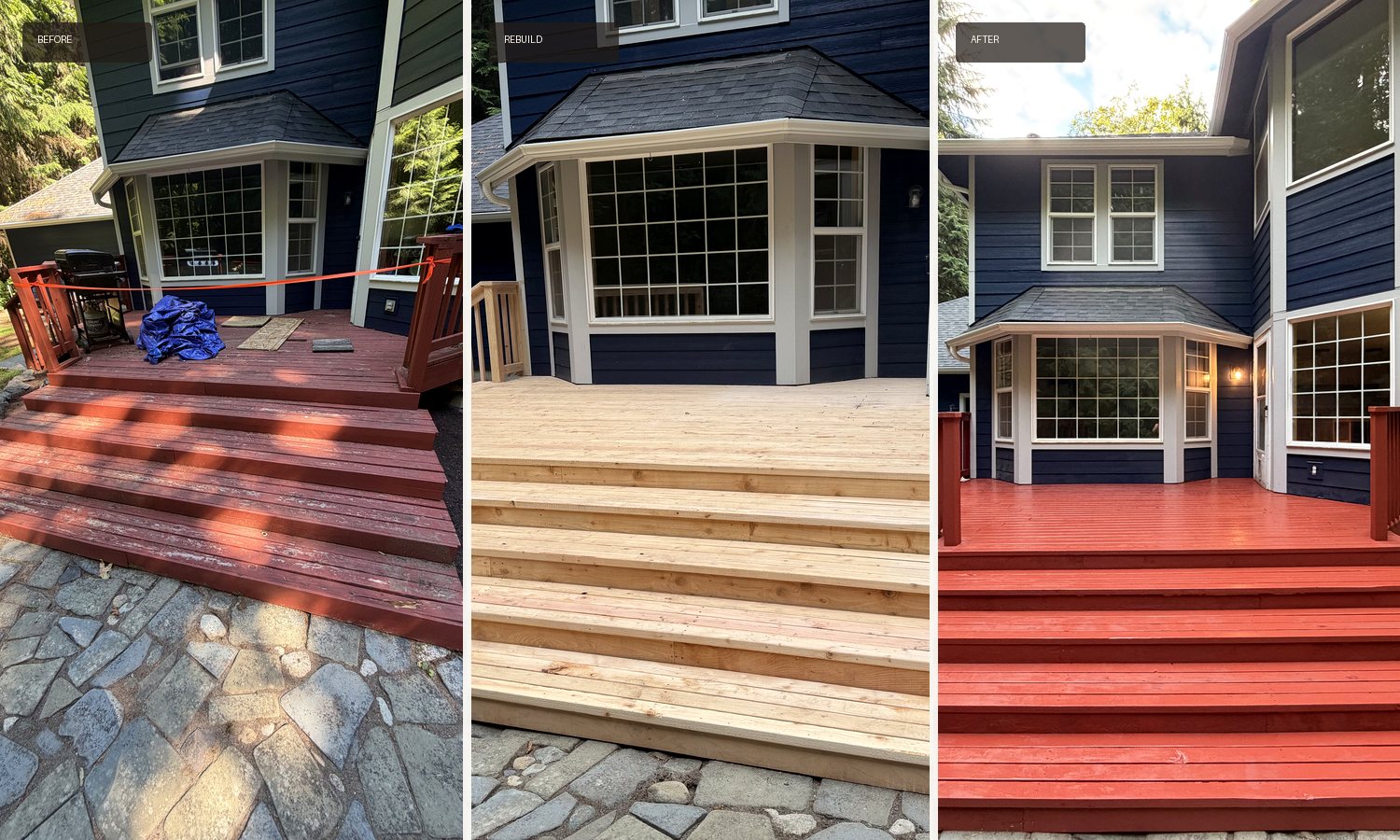 Before, rebuild, and after sequence for a front entry deck