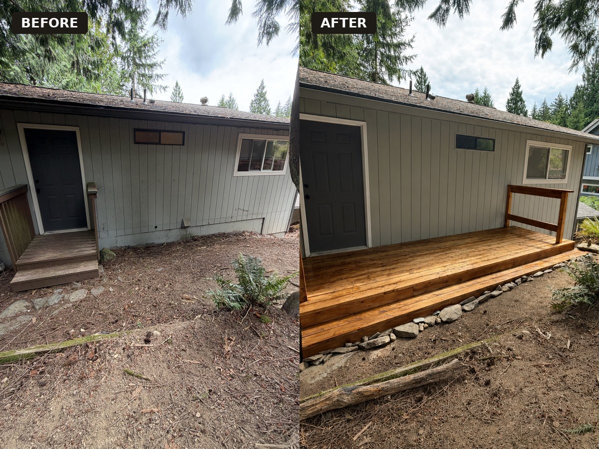 Before and after of a new wood entry deck built onto a backyard structure