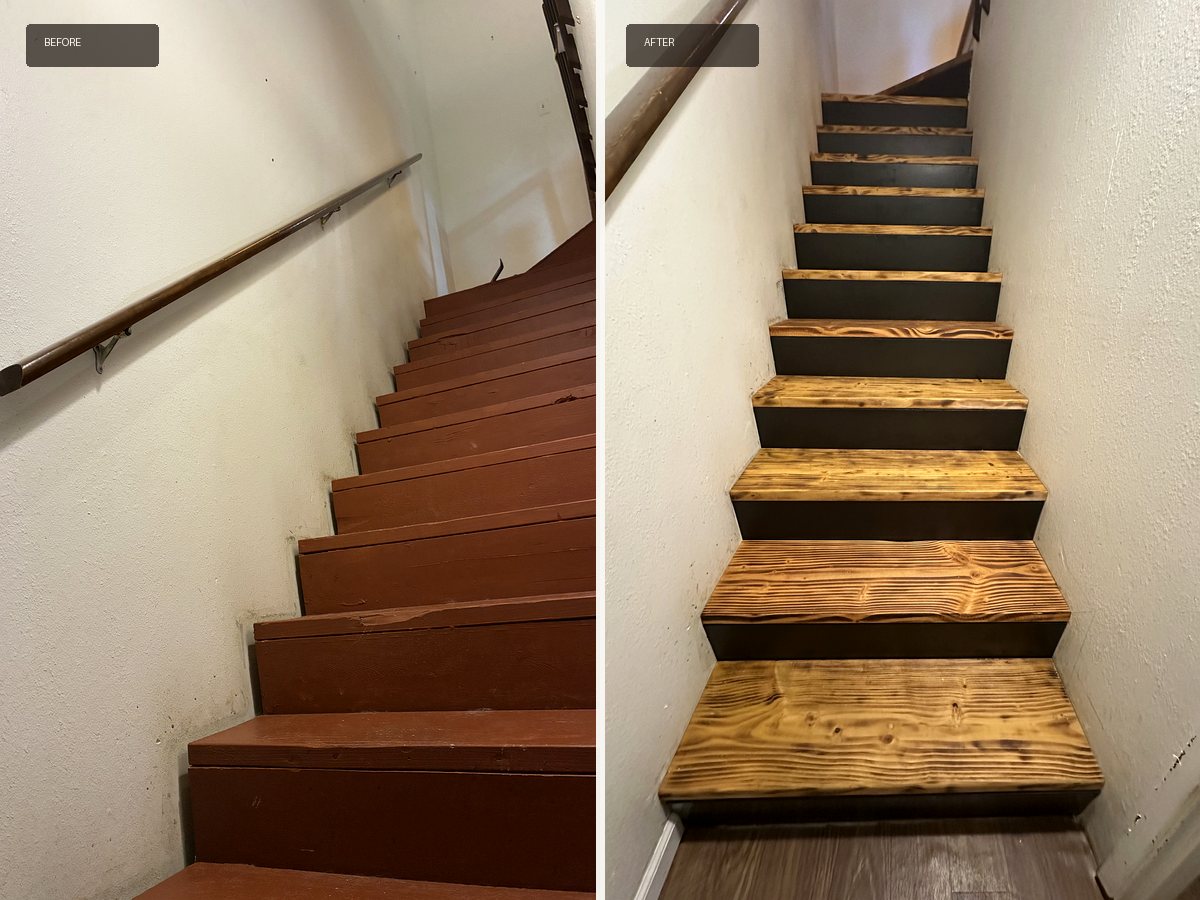 Before and after stair tread refinishing